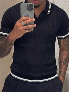 Men's Casual Vertical Ribbed Knit Polo Shirt, Contrast Trim Collar Short Sleeve Top - Black - View 4