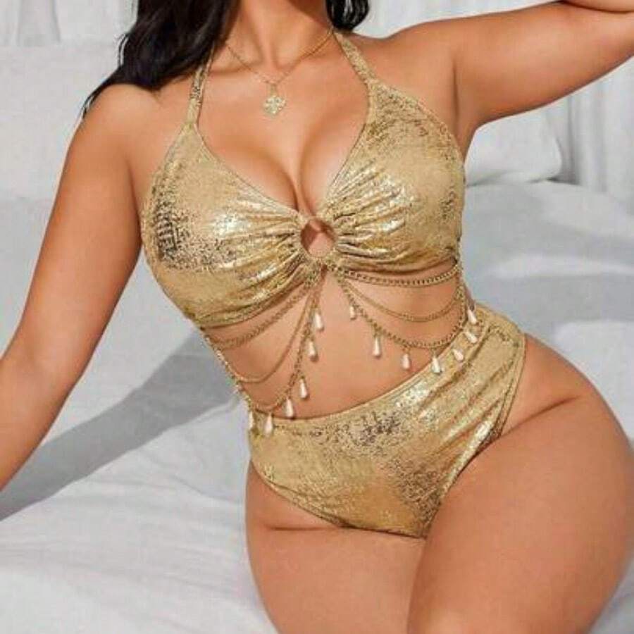 Swim Plus Size Women Holiday Beach O-Ring Chain Bikini Set For Summer Beach Vacation - Dorado - Ver 1