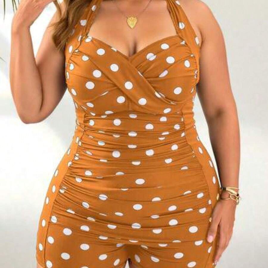 Swim Lushore 1pc Women Plus Size Polka Dot Printed Cross Front Tankini Top With Adjustable Tie Strap Shorts, Elegant Casual Daily Beach Vacation One-Piece Swimsuit For Summer - Multicolor - Ver 1