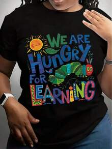 Women's Clothing - Women's Crew Neck T-Shirt "We Yearn To Learn" - Colorful Educational Design With Sun, Caterpillar And Book Motifs, Soft And Breathable, Machine Washable, A Perfect Gift For Book Lovers And Teachers, Ideal For Teacher's Day, Casual Crew Neck, Comfortable Fit. - 黑色 - 查看 8