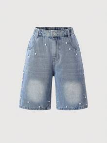 1 buah Celana Capri Denim Biru Muda Berhiaskan Rivet Gaya Jalanan untuk Remaja Putri, Musim Semi/Panas - Light Wash - View 2