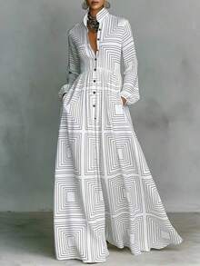 Elegant Retro Slimming Long Sleeve Printed Dress Women French Style Vacation Bodycon Midi Dress With Waist Cincher Design European And American Fashion Casual Party Wear Women's Vacation Wear E4IW - màu nâu - Xem 8