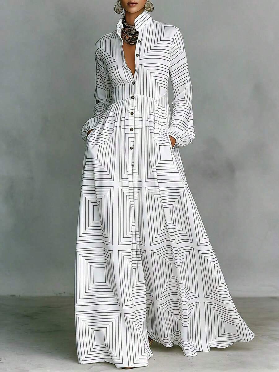 Elegant Retro Slimming Long Sleeve Printed Dress Women French Style Vacation Bodycon Midi Dress With Waist CincherDesign EuropeanAndCasual Party Wear - 白色 - 查看 1