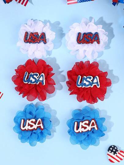 6PCS USA 4th Of July Hair Clips For Girls Red White Blue Flower Alligator Clips Independence Day Hair Barrettes For Festival Outfit, Party Headdress Teens Hair Accerssories