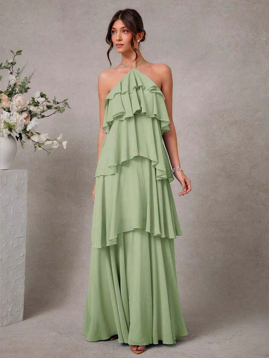 Vestido largo elegante y romántico de gasa con cuello de halter y volantes para invitados a una boda - Verde - Ver 1