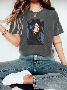 Camiseta vintage con estampado de Billie Black e íconos de la cultura pop, de manga corta y cuello redondo, estilo casual, adecuada para primavera y verano, ropa de moda para mujer. - Blanco - Ver 9