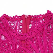 Nuevo 2026 Vestido Mujer Color Sólido Encaje Crochet Huecos Fruncido - Rosa Fucsia - Ver 5