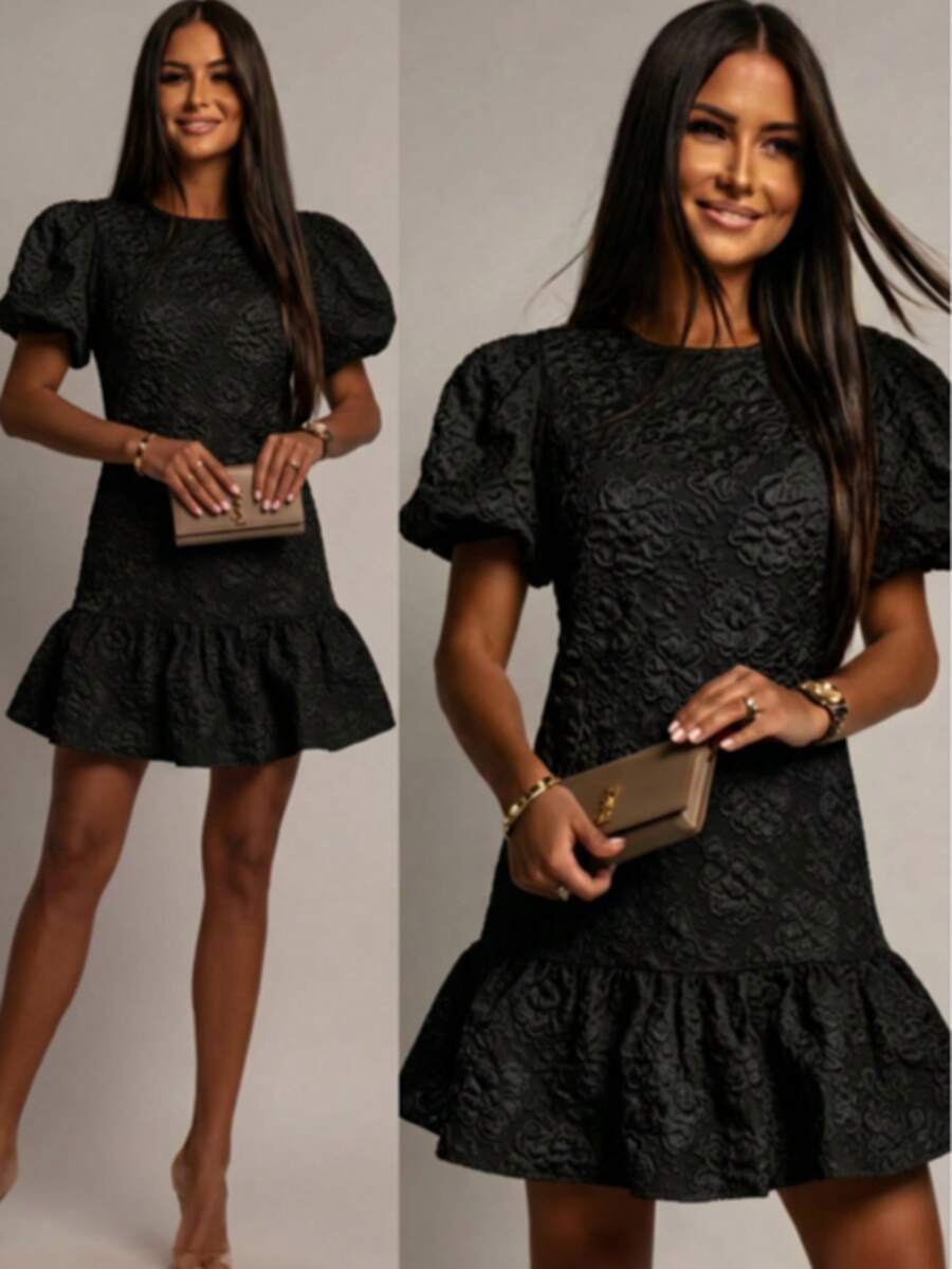 Women's White Short Dress Suitable For Parties, With Puff Sleeves, Round Neck And Ruffle Hem Design, Unique Fabric Texture Black - Black - View 1