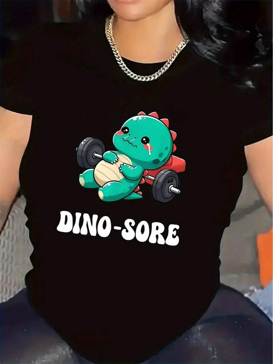 Camiseta con diseño de dinosaurio | Tela ligera y duradera, ideal para entusiastas del gimnasio y el fitness, ajuste cómodo para uso diario, camiseta gráfica elegante con cuello redondo y tela de elasticidad media. - Negro - Ver 1