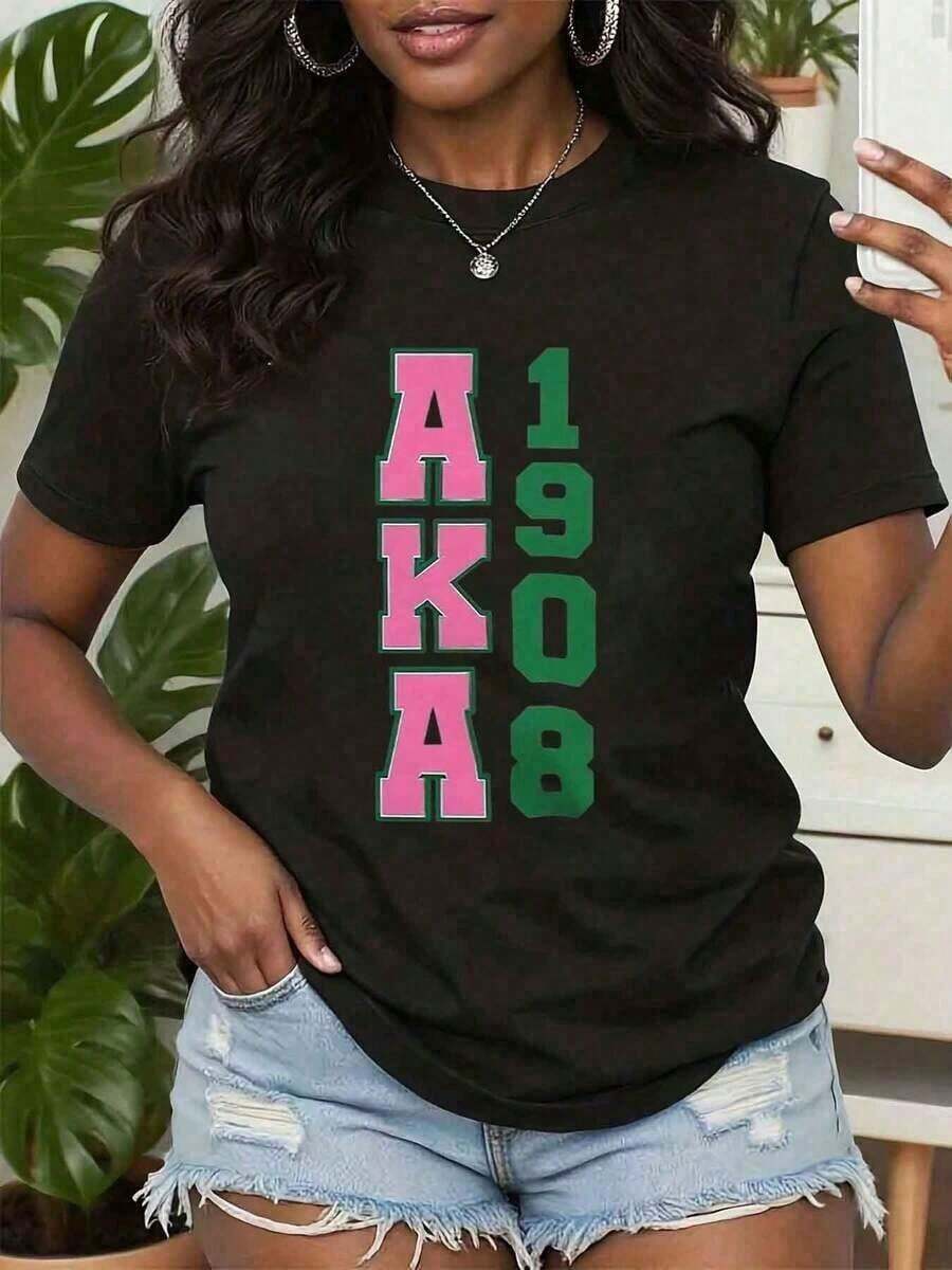 Women's Shirts, Aka 1908 Print T-Shirt, Round Neck, Short Sleeve, Top For Sorority Events, Aka Sorority Gifts, 220g Cotton, Y2Y Casual Wear, Women's Spring Sets, Cotton, Women's Blouse | Exquisite Design | Loose And Comfortable | Easy To Match | - 黑色 - 查看 1