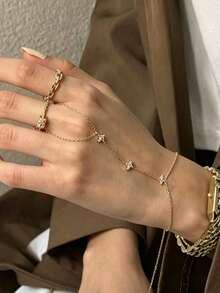 女士时尚简约花卉水晶连指戒指手链首饰 - 金色 - 查看 3