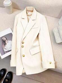 Blazer casual con cuello de solapa y botones para mujer, primavera - Blanco - Ver 2