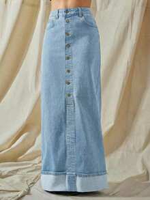 High Waist Cuffed Hem Button Up Maxi Denim Skirt With Stretch - Lavado medio - Ver 6