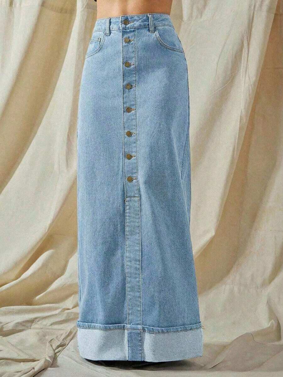 High Waist Cuffed Hem Button Up Maxi Denim Skirt With Stretch - Lavado ligero - Ver 1