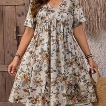 Vestido de mujer de talla grande con cuello en V y manga corta, con estampado floral, adecuado para vacaciones de verano - Azul - Ver 4