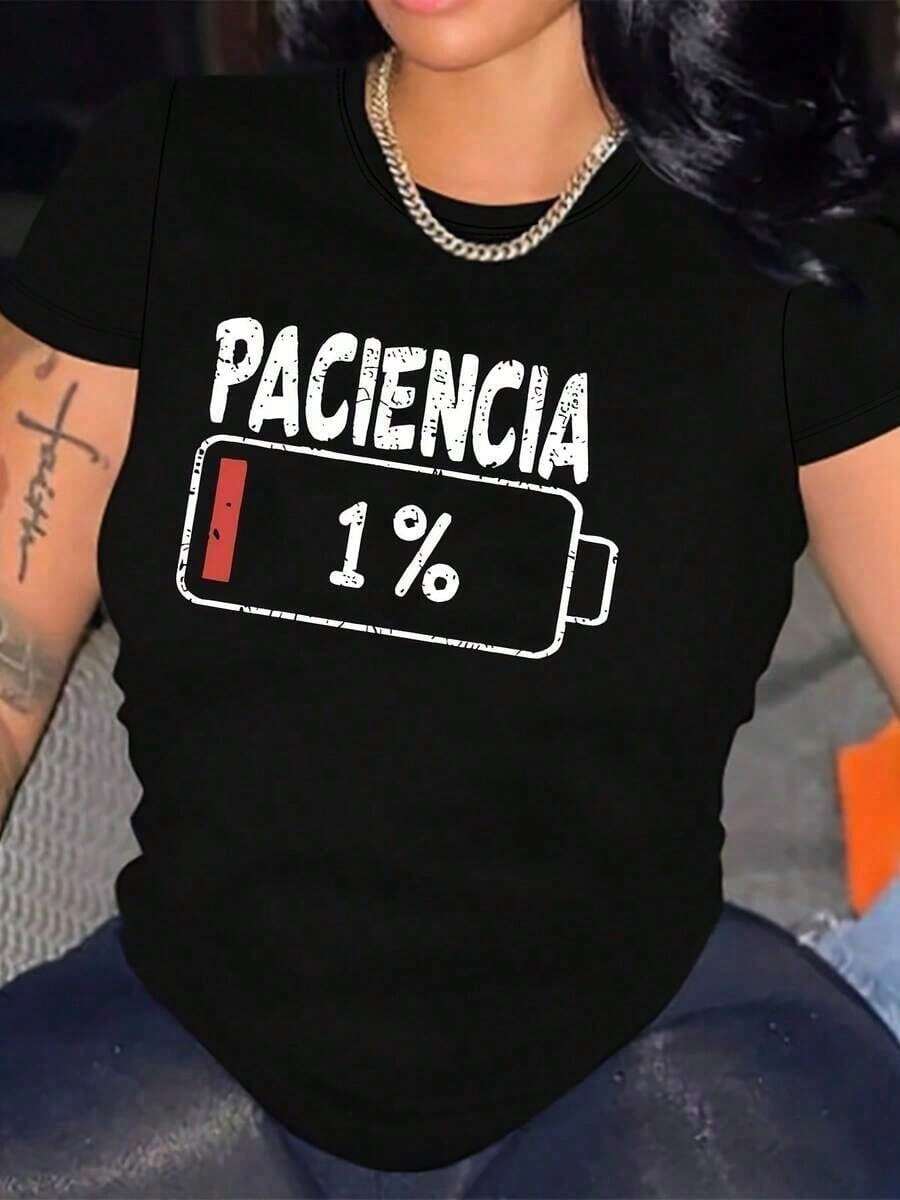 Divertida camiseta de mujer "Paciencia 1%", estampado original con humor para el día a día, estilo casual y urbano, ideal para cualquier ocasión, disponible en tallas S, M, L, XL, color negro, moda femenina, camiseta popular. - Negro - Ver 1