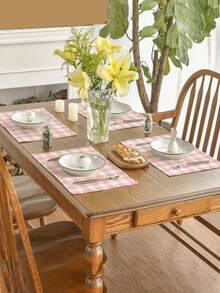 4/6pcs Bohemian Style Minimalist Plaid Print Linen Placemats, Non-Slip Square Farmhouse Style Dining Table Mats, Washable Kitchen Coasters, Coffee Table Mats, Heat Insulation Pads, Suitable For Wedding, Dining, Party And Home Decor - Baby Pink - View 8