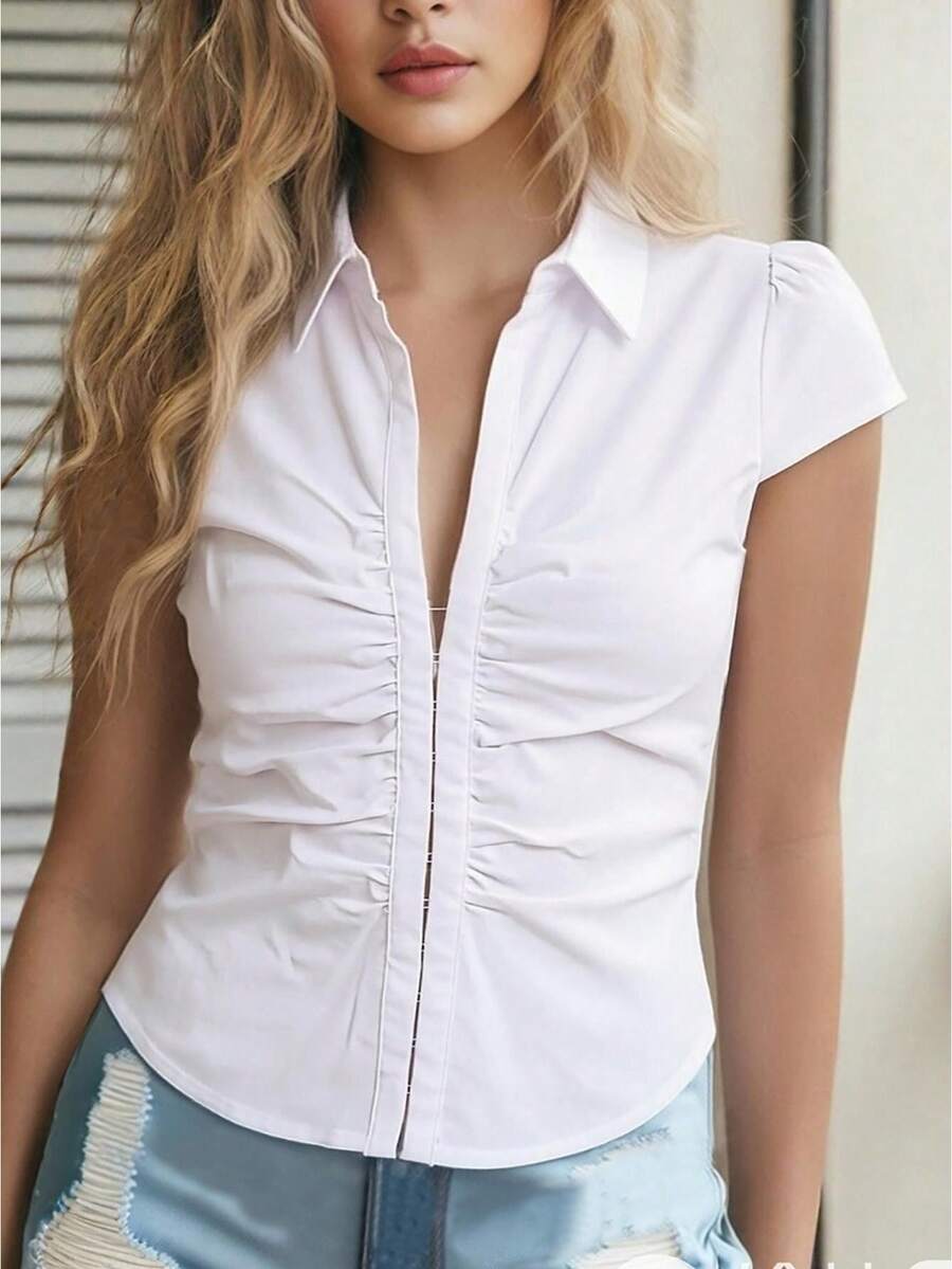 Women's 2026 Solid Ruched Button-Up Blouse Casual Everyday Short Sleeve Collared Work Shirt - 白色 - 查看 1