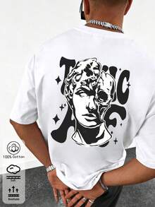 Men's Solid Color Crew Neck Short-Sleeved Loose T-Shirt, 100% Cotton, Spring/Summer Casual Menswear, Street Style, Travel Wear, Unique Back Art Pattern Suitable For Office/Restroom/Home/Outdoor Sports/Retro Style/Simple And Fun Design T-Shirt, Säo Joǎo, Beach, Graduation, Vacation, Country, Chic, Polka Dot, Flower - White - View 2