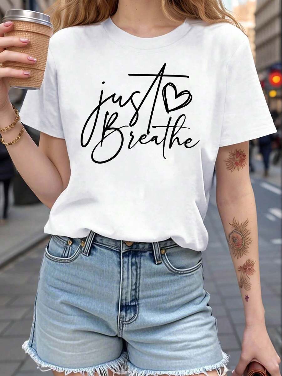 Camiseta de Mujer Talla Grande con Estampado "Just Breathe", Manga Corta y Cuello Redondo, Ropa Casual para Verano y Primavera, Tallas Grandes