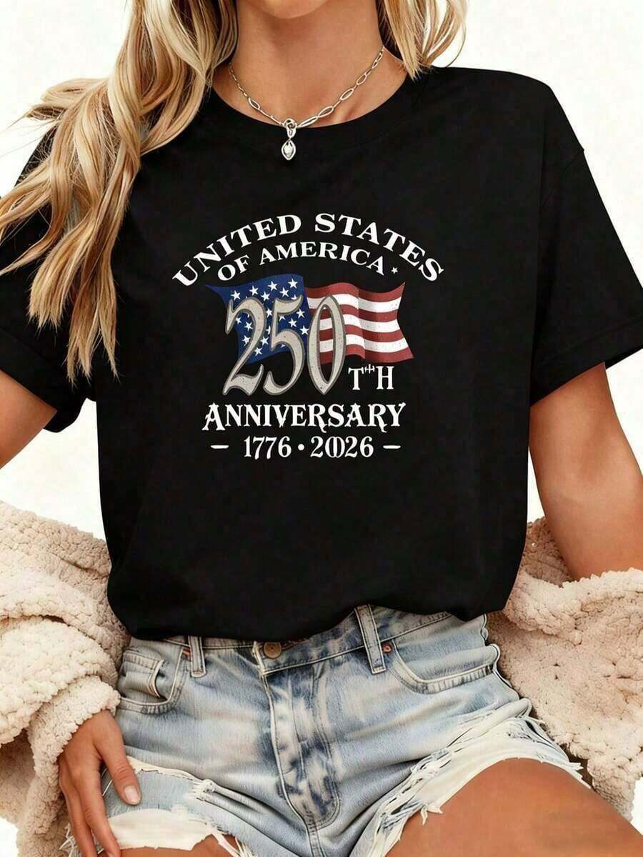 American Flag T-Shirt For The 250th Anniversary | High-Quality 250th Anniversary Independence Celebration T-Shirt | Soft Crew Neck Short-Sleeve Casual T-Shirt | Unisex 4th Of July Set | Machine Washable | Everyday Wear For Men And Women - 黑色 - 查看 1