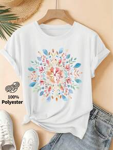 Primavera/Verano 2026, Nueva Camiseta de Manga Corta para Mujer con Cuello Redondo y Estampado Floral de Mandala en Acuarela, Estilo Vintage Desgastado, Top Casual, Tejido de Punto Suave, Ropa de Mujer de Alta Calidad. | Diseño Divertido y Original | Adecuado para uso diario en primavera, verano y otoño. | Camiseta Divertida y Juvenil - Estilo Urbano Vintage Unisex, Holgada, de Algodón, Manga Corta y Cuello Redondo - Blanco - Ver 12