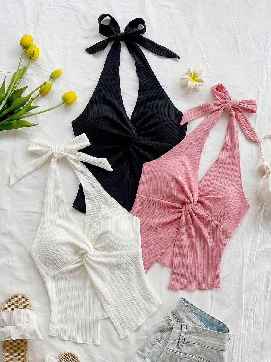 3 piezas Camiseta ajustada con cuello en V, nudo delantero, bajo asimétrico, color amarillo, beige, azul claro, adecuada para vacaciones, citas, té de la tarde, vacaciones, festivales de música, estilo bohemio, verano, playa - Multicolor 3 - Ver 1