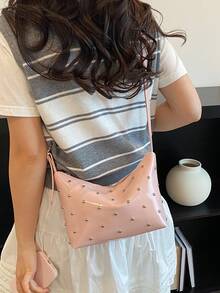 BEIKAMU Fashion Rivet Decor PU Crossbody Bag, Adjustable Shoulder Strap Zipper Closure Versatile Shoulder Bag Satchel, Suitable For University, Commuting, Shopping, Strolling, Daily Use - Pink - View 8
