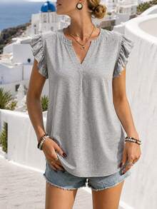Elegaris 1pc Solid Color Knit Fabric Ruffle/Flounce Top, Casual Home Wear, Spring/Summer - Light Grey - View 5