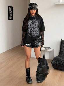 Camiseta de manga larga holgada de algodón con gráficos, estilo urbano casual, hippie, preppy, grunge, punk, gótico para mujer en invierno/otoño - Gris - Ver 10