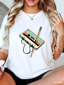Camiseta con Estampado de Cintas Retro de los 80s y 90s |     Cuello Redondo Casual, Patrón Geométrico, Corte Regular, Adecuado Para Todas Las Temporadas, 100% Algodón - Blanco - Ver 7