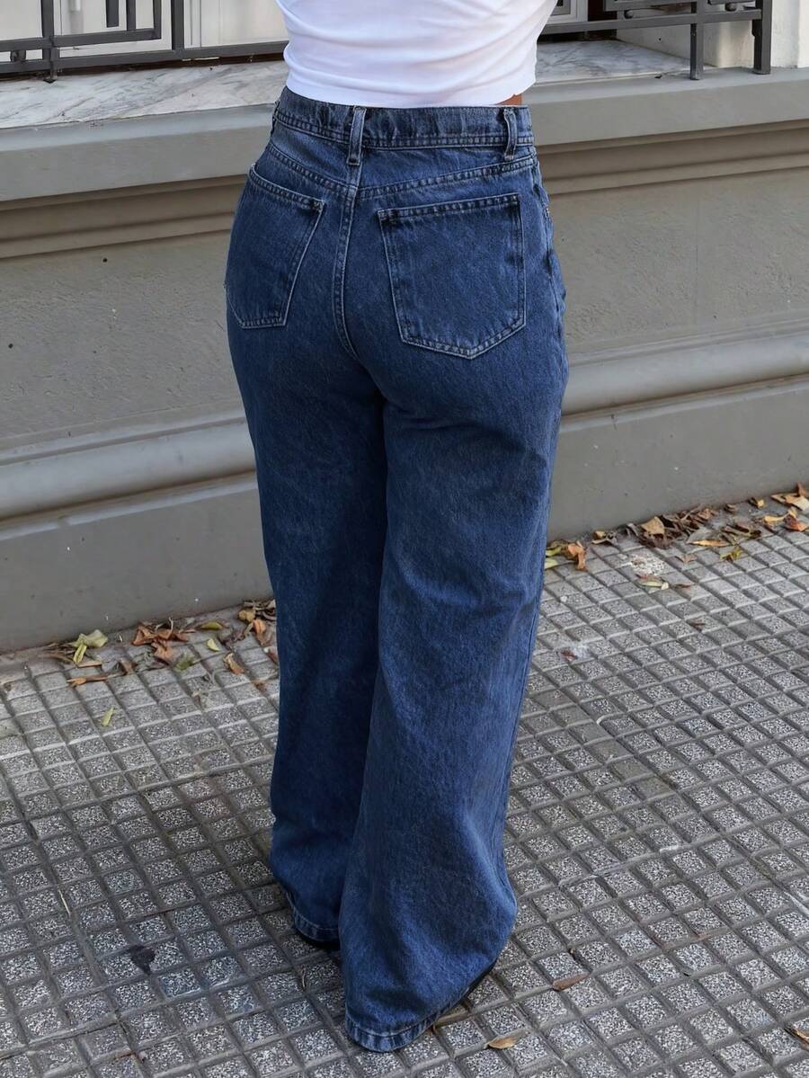 Women's Casual Loose Straight Leg Jeans - Dark Wash - View 1