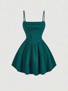Elegante vestido de tirantes con fruncido en la cintura de color liso - Verde Oscuro - Ver 5