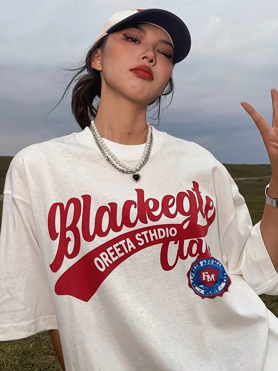 Nueva Colección 2026: Camiseta de Algodón para Mujer, 1 Pieza, Estilo Vintage, Holgada y Estampada - Camiseta casual de manga corta con estampado de letras vintage, transpirable, de cuello redondo, para primavera y verano, lavable aáquina, tela no transparente, corte holgado, algodón ligero. - Blanco - Ver 1
