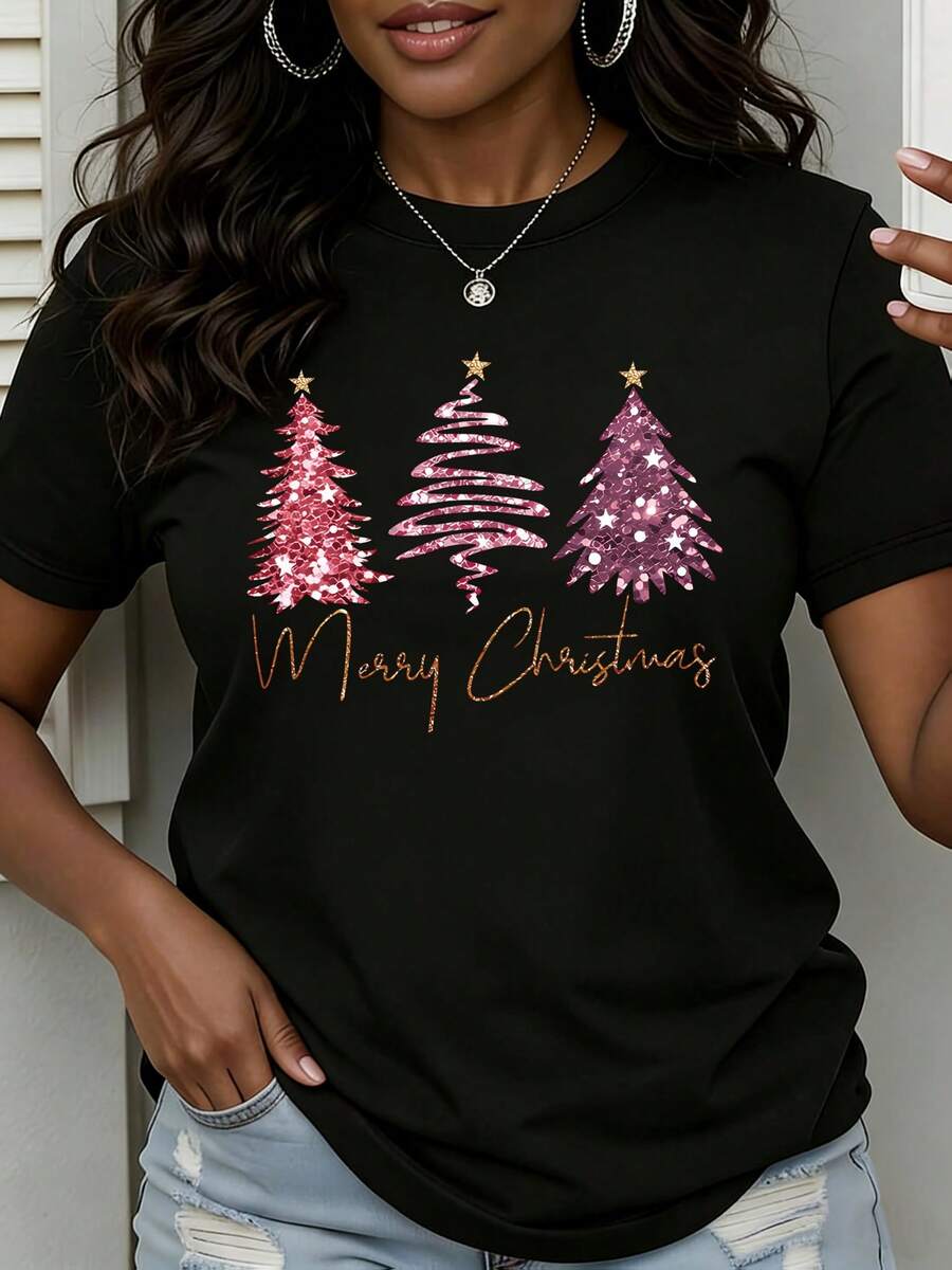 Women's Short Sleeve Cotton T-Shirt - Elegant Short Sleeve T-Shirt With Christmas Tree Design - Round Neck, Casual Style For The Holidays, With Festive Decorations And Suitable For Christmas Outfits - Machine Washable, For Year-Round Wear - Special Elegant Line. - 黑色 - 查看 1