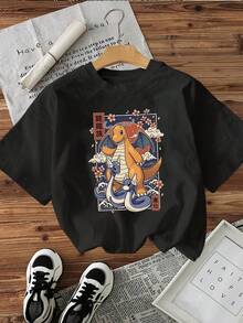 Pokemon Genuine Authorized Ladies' High-Quality Cotton T-Shirts, Pokemon Fast Dragon Family Cartoon T-Shirts With Wind And Ukiyo-E Prints, Cartoon Street Style Cotton T-Shirts, Ladies' Fashionable And Elegant T-Shirts, Cartoon Fans' T-Shirts, And Gifts For Cartoon Lovers. - màu đen - Xem 1