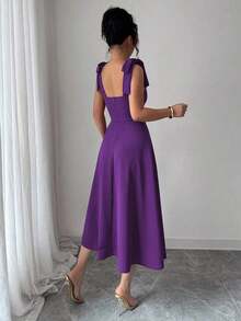elegante y romántico para mujer con lazo decorativo en la cintura y corte evasé sin mangas - Morado Violeta - Ver 2