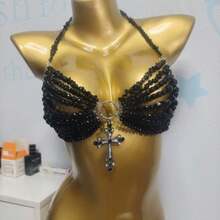 Glossmoon European And American Style Black Cool Cross Pendant Bra Chain Sexy Multi-Layer Beaded Body Chain Light Luxury High-End Beachwear Sexy Elegant Accessories - 黑色 - 查看 6
