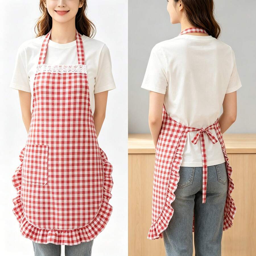 1 chiếc tạp dề yếm kẻ caro đỏ có thể điều chỉnh, kèm 1 túi, thích hợp cho cả nam và nữ khi nấu ăn. - Đỏ - Xem 1