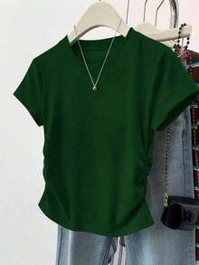 Camiseta de mujer de manga corta de cuello redondo y unicolor, minimalista y de moda para el verano - Verde - Ver 1