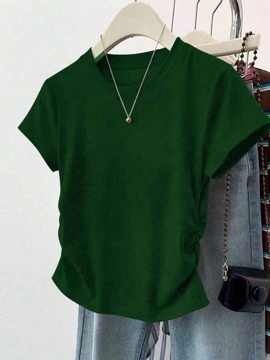 Camiseta de mujer de manga corta de cuello redondo y unicolor, minimalista y de moda para el verano - Verde - Ver 1