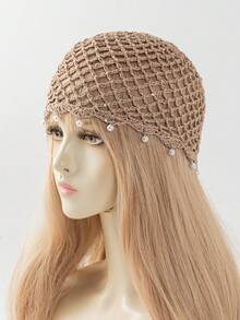 1pc Women's Fashion Lightweight Hollow Pearl Pendant Beaded Knit Hat, Suitable For Boho Beach Outings And Daily Wear - A - View 22