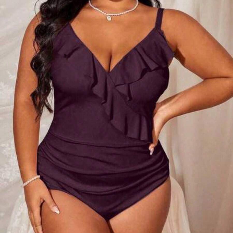 Swim Lushoire Plus Size Women's Plain Simple Daily One-Piece Camisole Summer - Burdeos - Ver 1