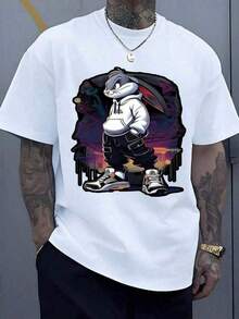 Urban Rabbit Wearing A White Sweatshirt And Modern Sneakers Against A Graffiti Background At Sunset, Conveying A Relaxed And Confident Attitude. T-Shirt, 100% Cotton, IHY6 - 白色 - 查看 1