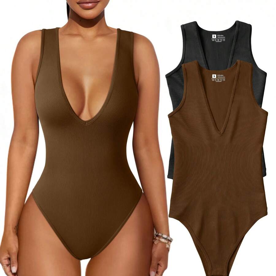 ZZL 2-Pack V-Neck Bodysuits | Ribbed Sleeveless Leotard Top | Sexy Fashion For Parties And Clubs - Black/coffee - View 1