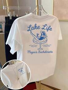 100% Printed T-Shirt On The Front And Back, Featuring "Lakeside Life" And "Bachelorette Party" Designs, Casual Short-Sleeved Crew Neck For Women, Classic Comfortable Fit Design, Fashionable Item, High-Quality Double-Sided Printed Cotton T-Shirt For Women, Breathable Graphic Print Cotton T-Shirt For Summer. - 白色 - 查看 1