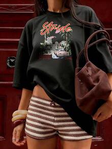 Short-Sleeve T-Shirt With Retro Cityscape And "Carolina" Slogan.  Short-Sleeve T-Shirt For Spring And Summer 2026, Made In Mexico, 180 Grams. Cartoon Print, Couple Design, Suitable For Indoor Or Outdoor Wear. Crew Neck, Unisex, Ideal For Office And Leisure. One-Pack. - BK-P631577SLNDXZGY387 - 查看 3