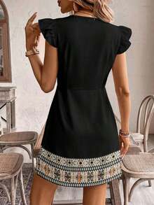 Vestido de mujer con cuello en V, mangas abullonadas y corte evasé con botones, de estilo minimalista, bohemio, elegante y romántico con estampado retro, para festival de música, atuendo de playa, atuendo de vacaciones - Multicolor - Ver 2