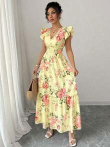 YHHRafferiza Vestido de vacaciones con cuello en V, manga corta y estampado floral romántico para mujerYHH - Verde Niebla - Ver 11