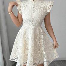 Women's Elegant Stand Collar Lace Solid Cap Sleeve A-Line Mini Dress, Suitable For Date, Party, Garden, Valentine's Day, Holiday - Albaricoque - Ver 9